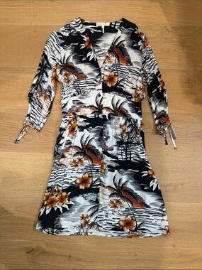 Maje Black, White and Orange Tropical-Print Long Sleeve Dress